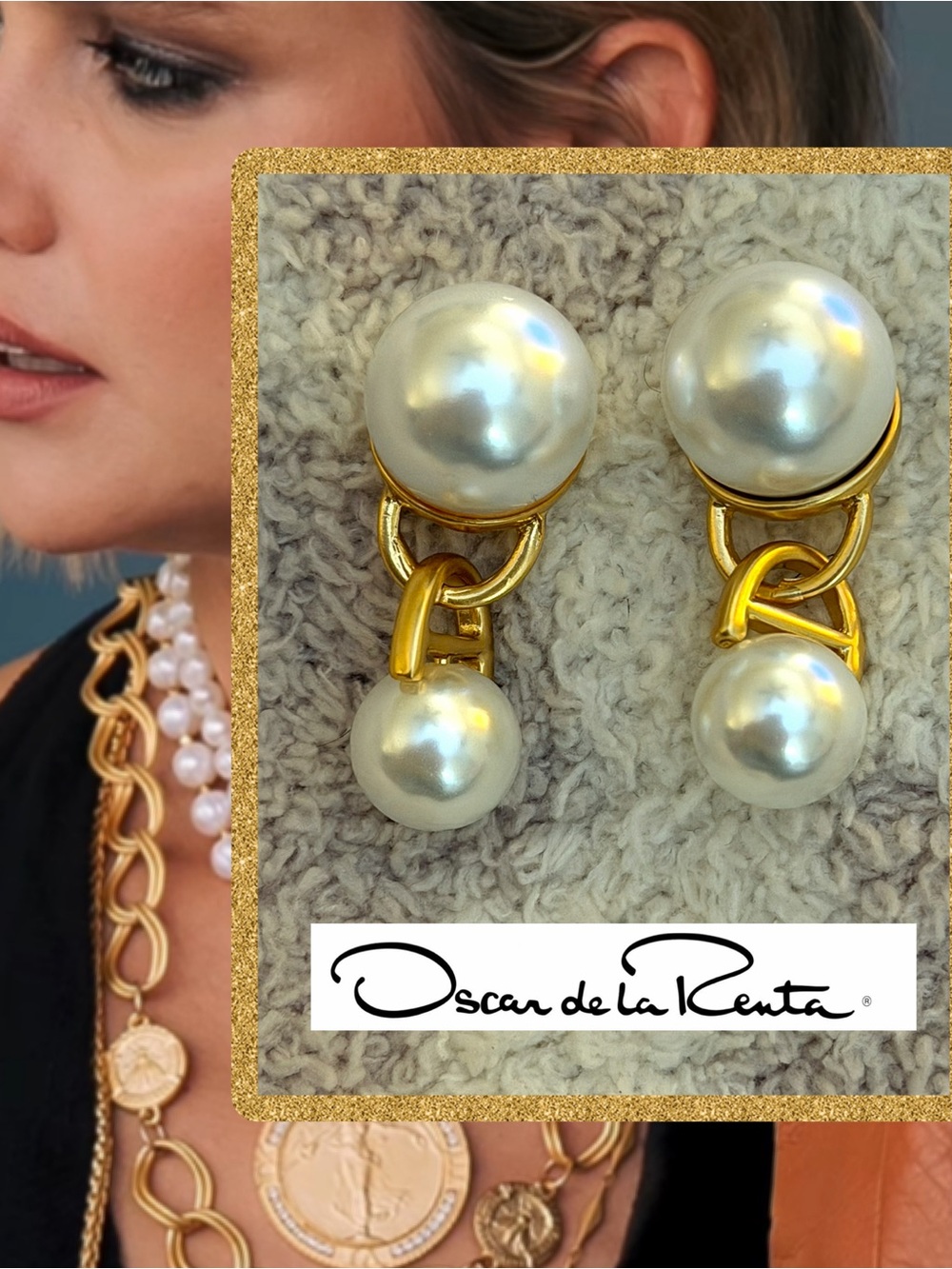 Oscar de la Renta Gold Pearl Double Faux Pearl Chic Earrings✨ Pierced ✨Signed